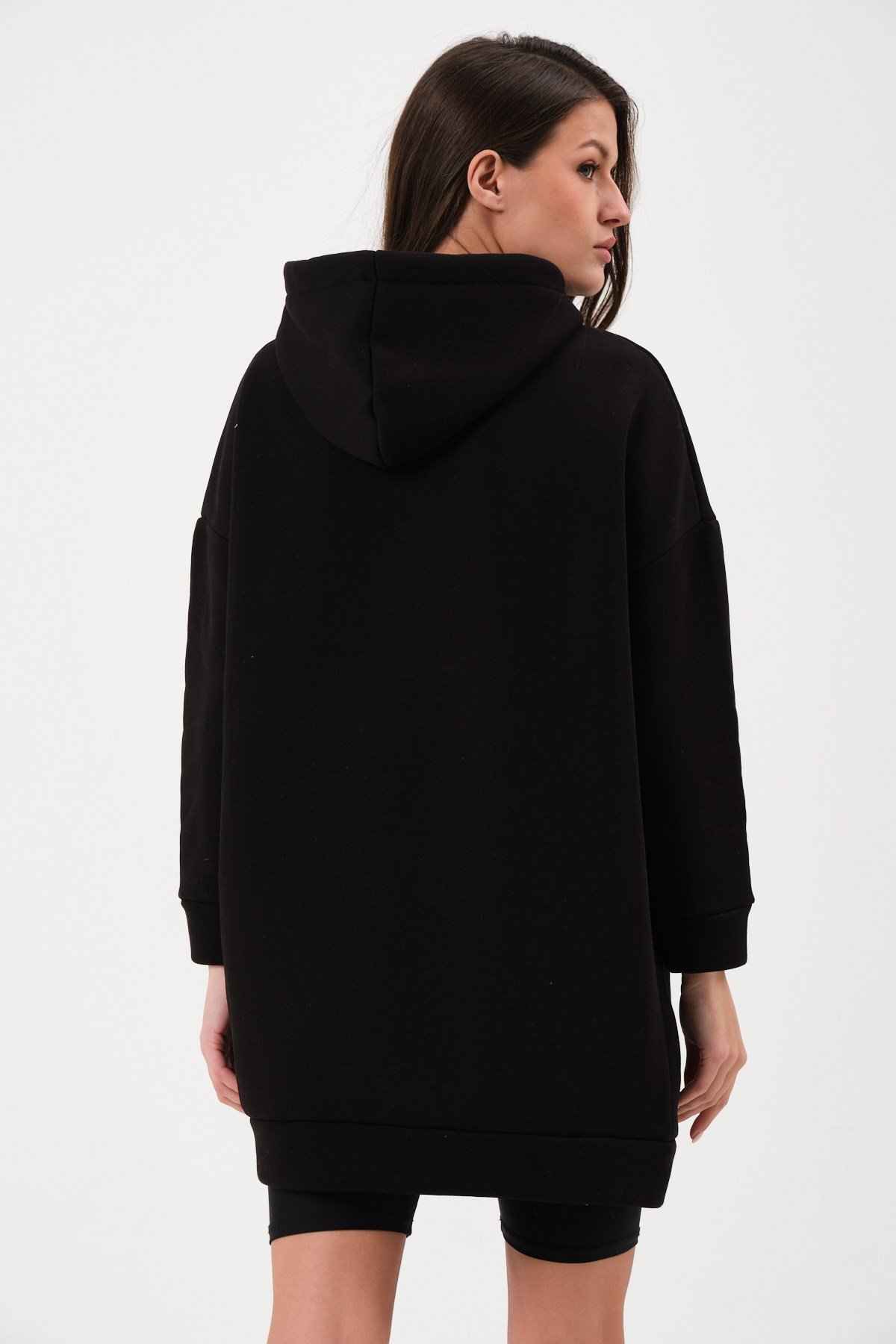23140-Kadın Oversize Uzun Kapüşonlu Kalın İçi Yumuşak Pamuklu Sweatshirt -  Siyah