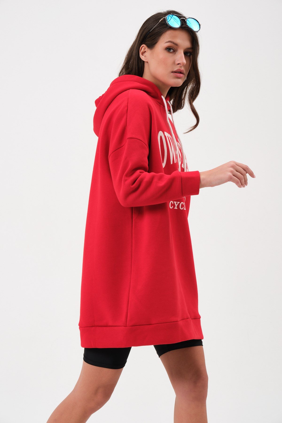 23140-Kadın Oversize Uzun Kapüşonlu Kalın İçi Yumuşak Pamuklu Sweatshirt -  Kırmızı