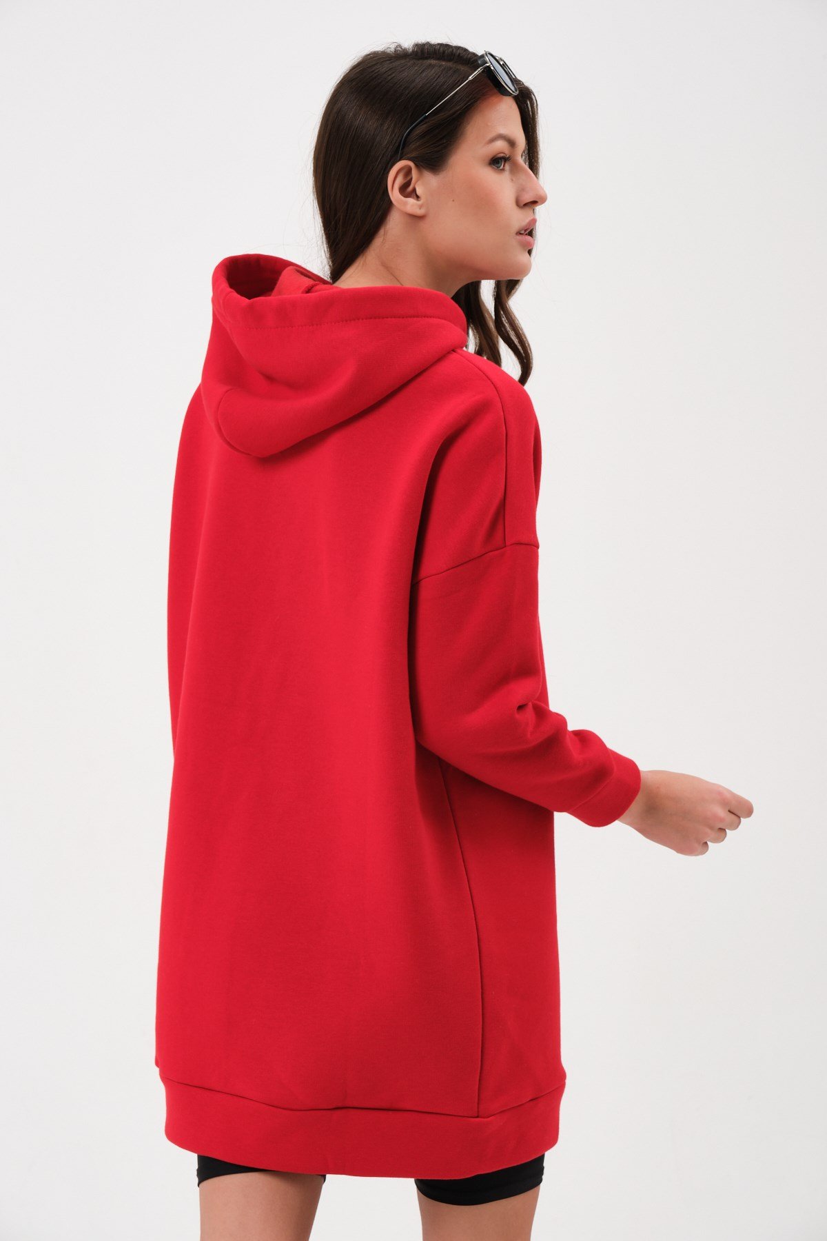 23140-Kadın Oversize Uzun Kapüşonlu Kalın İçi Yumuşak Pamuklu Sweatshirt -  Kırmızı