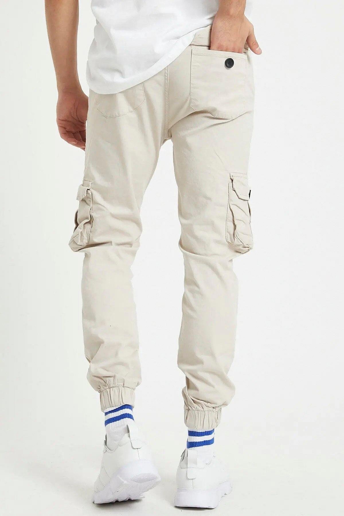 Erkek Bej Slim Fit Kargo Cep Likralı Pantolon