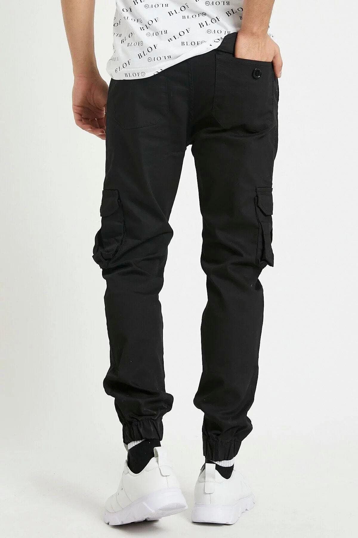 Erkek Siyah Slim Fit Kargo Cep Likralı Pantolon