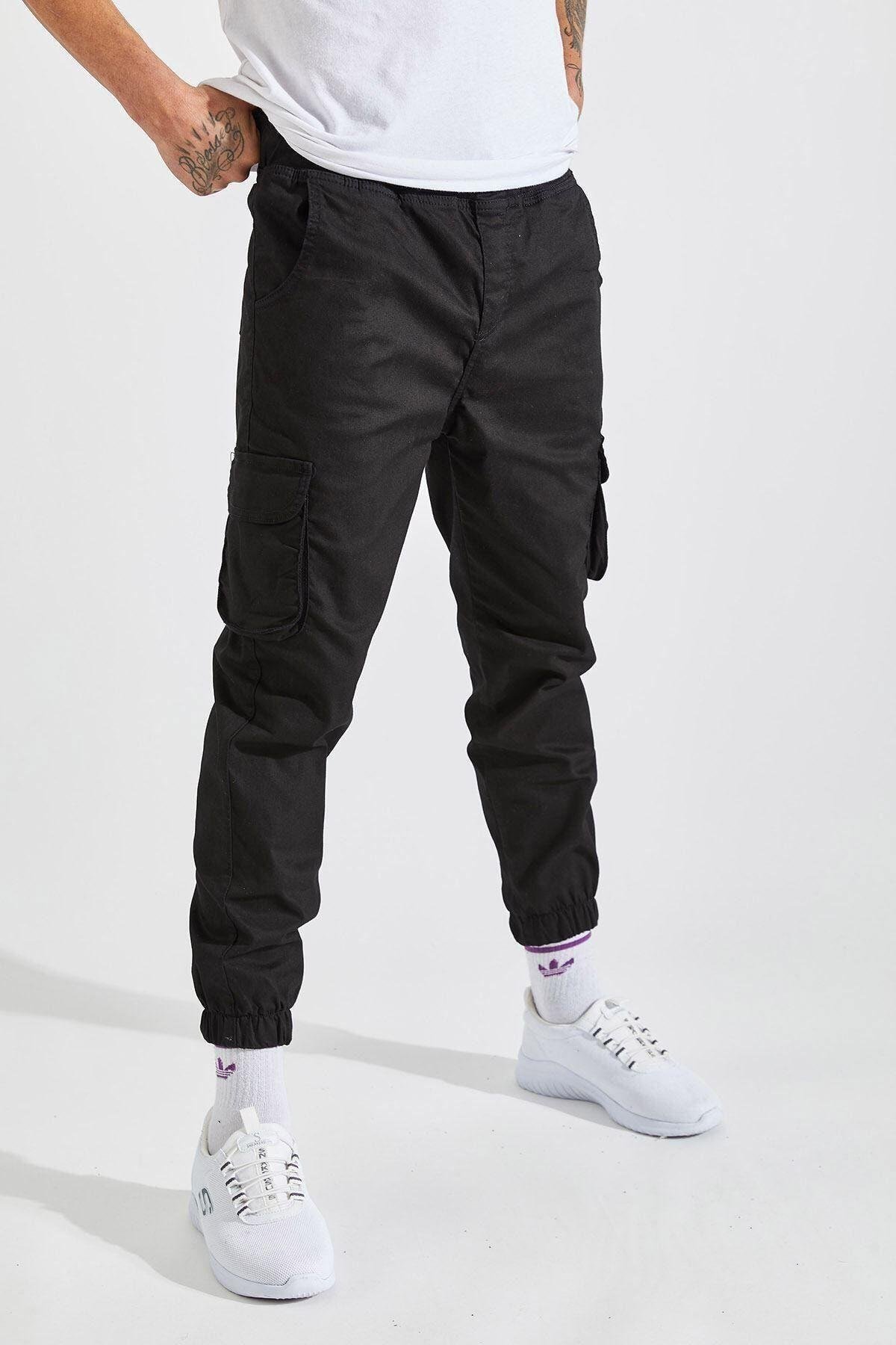 Erkek Siyah Slim Fit Kargo Cep Likralı Pantolon