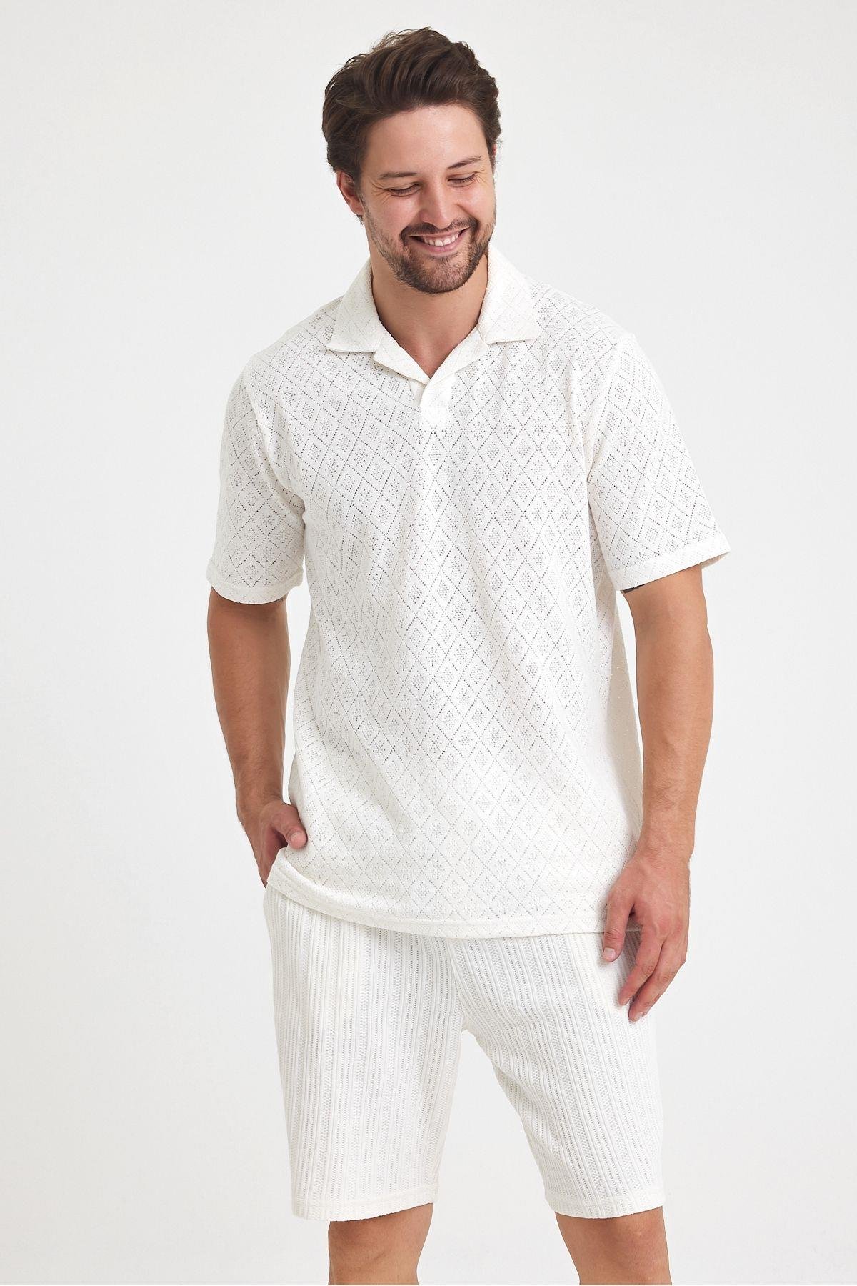 Erkek Jakarlı Baklava Desenli %100 Pamuk Polo yaka T-Shirt