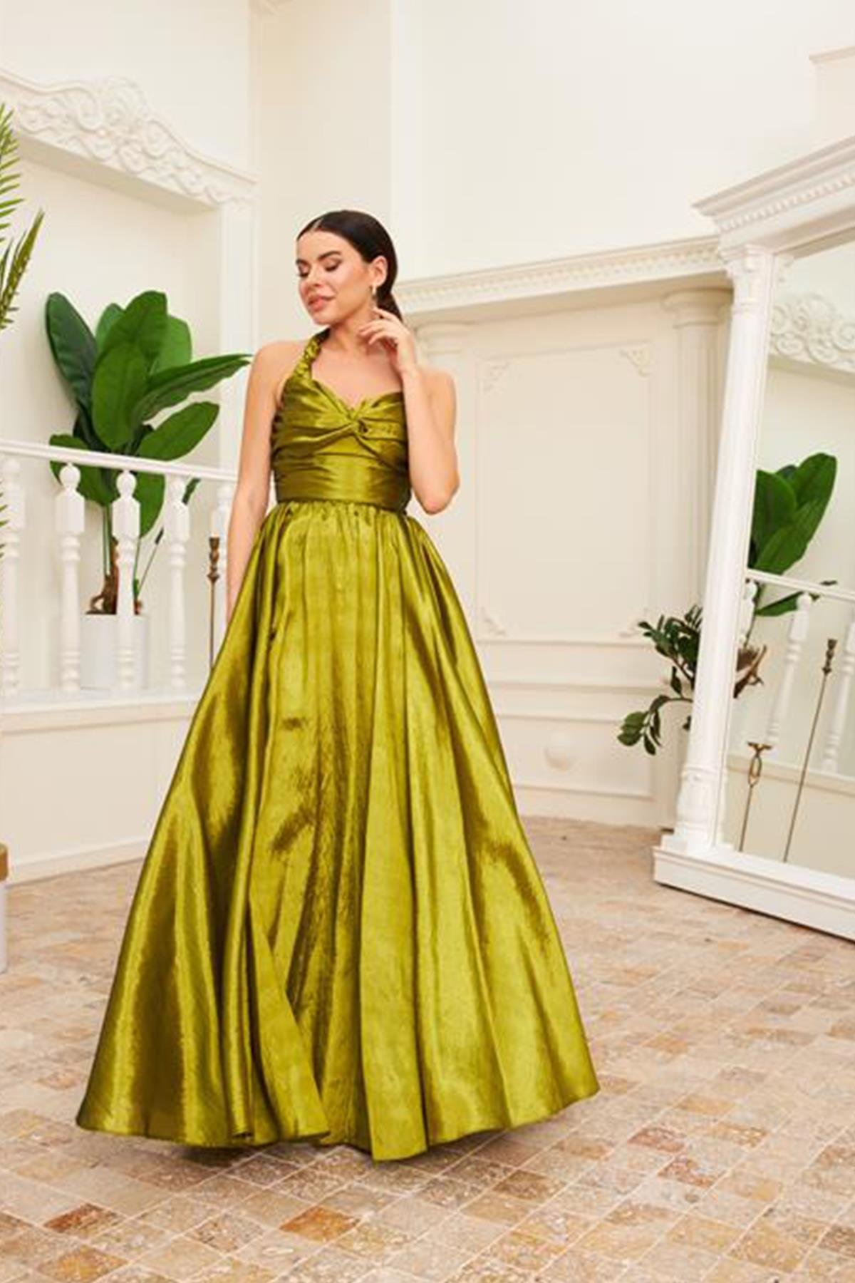 Tafta Kumaş Abiye Elbise - Fıstık Yeşili Online Satın Alın I TUİS MODA