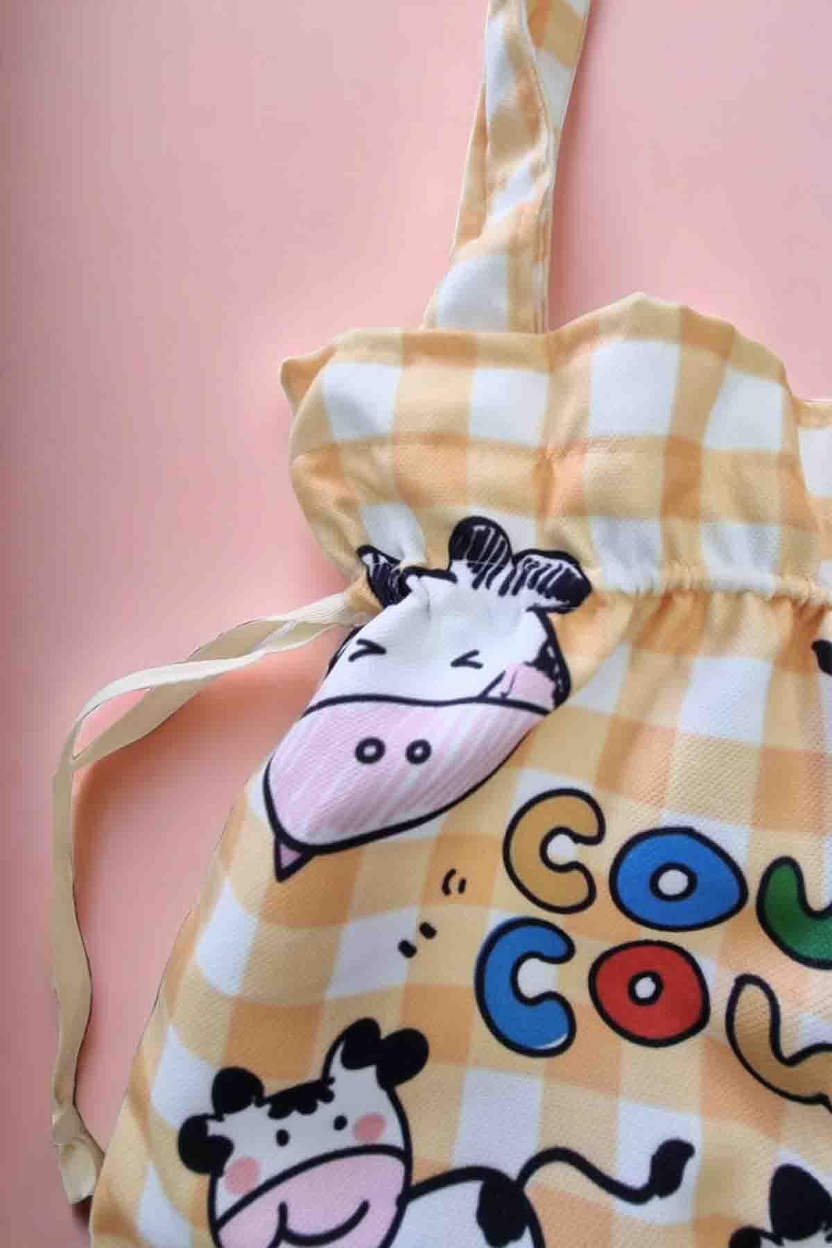 Cow Cow Milk Kawaii Büzgülü Bez Çanta Ürününü Hemen İncele