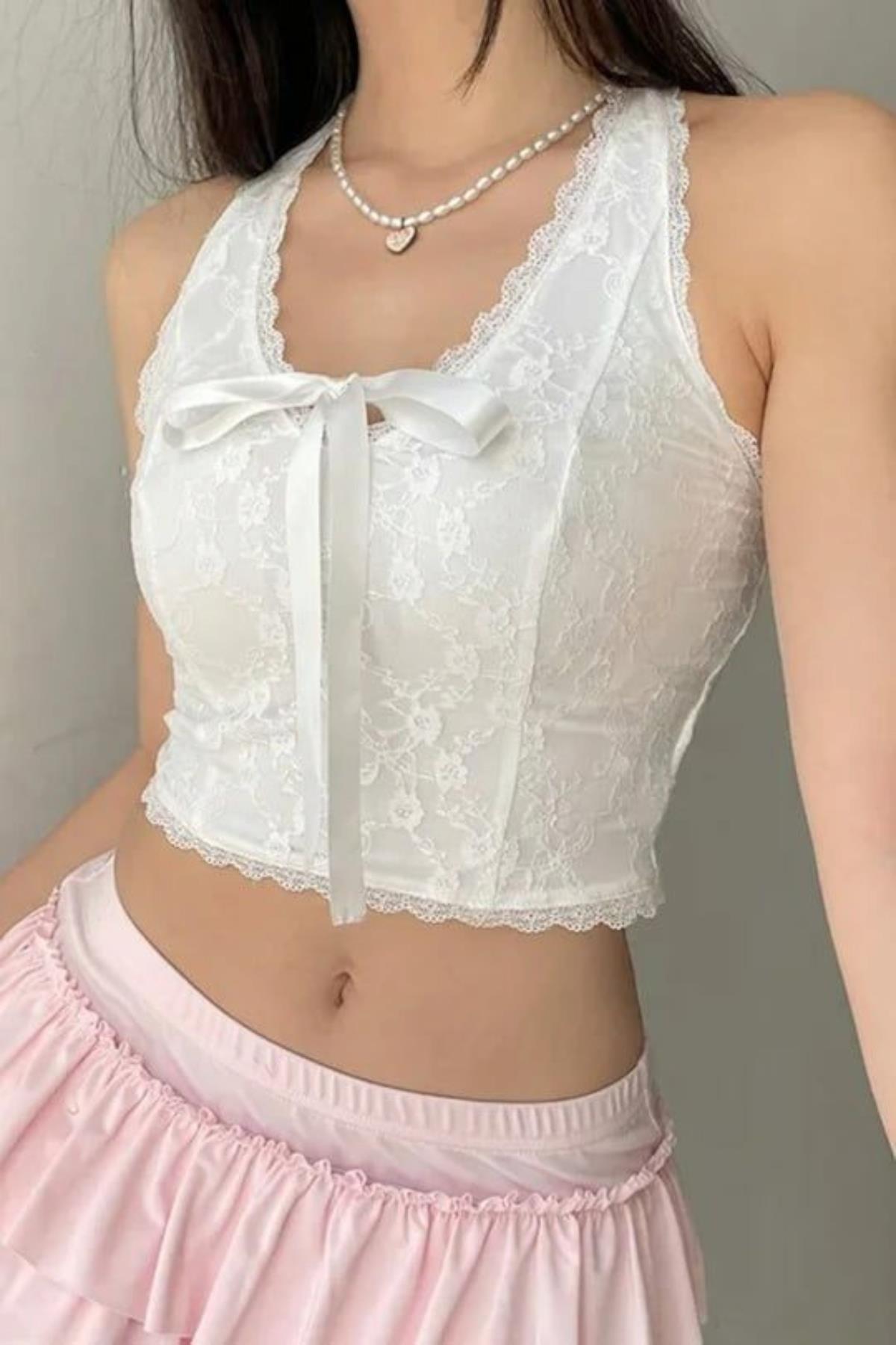 正規品　Dada ribbon tops Dantelli Ribbon Boyundan Askılı Crop | Carpe