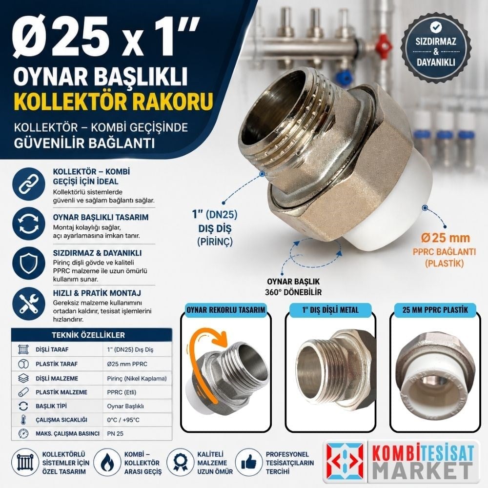 Ø25 x 1'' Oynar Başlıklı Kollektör Rakoru - Erkek Nipel