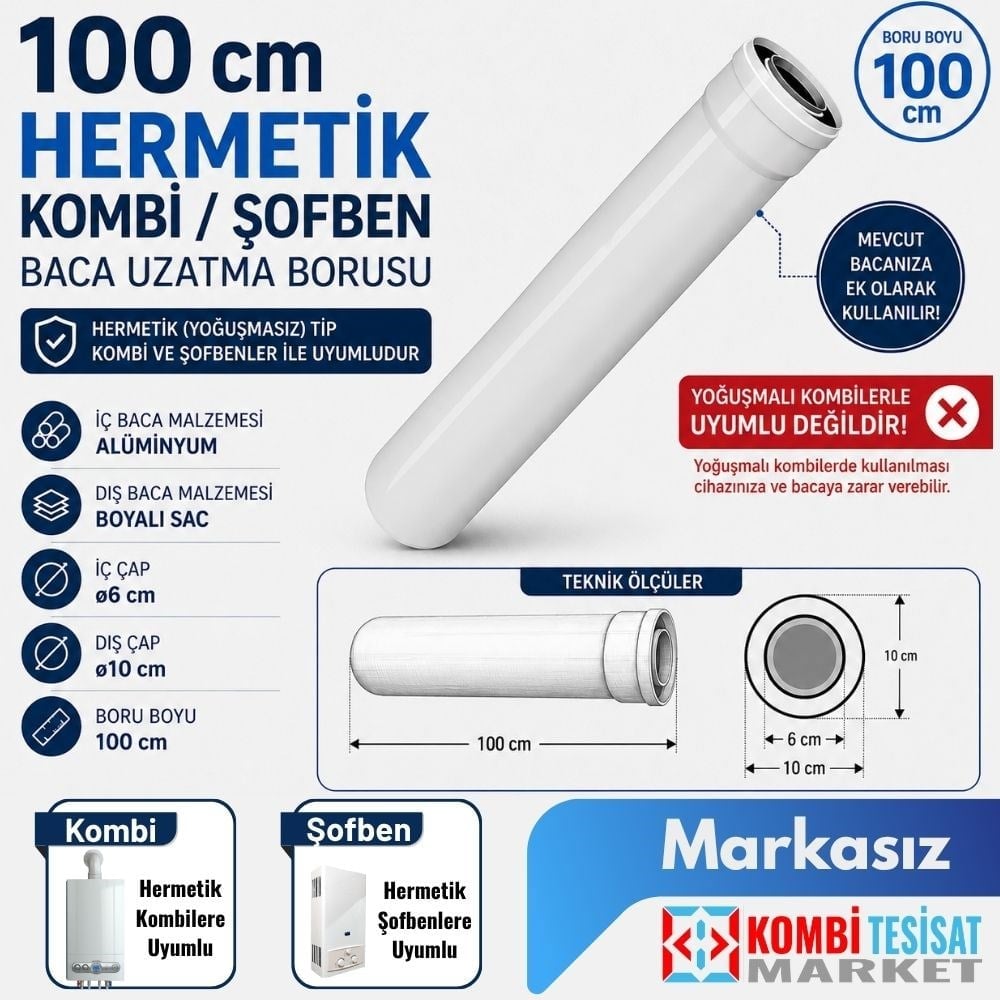 100 cm Hermetik Kombi / Şofben Baca Uzatma Borusu (Markasız)