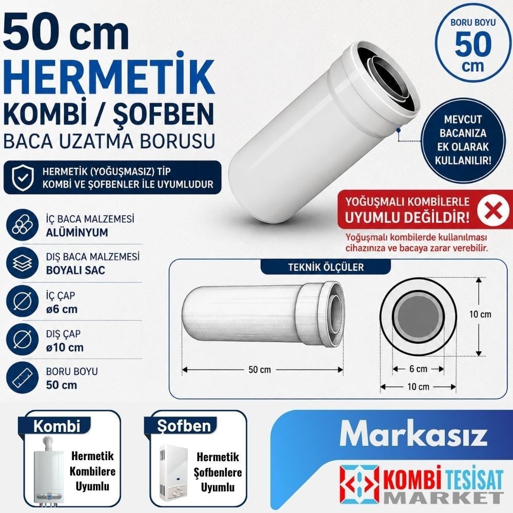 50 cm Hermetik Kombi / Şofben Baca Uzatma Borusu (Markasız)