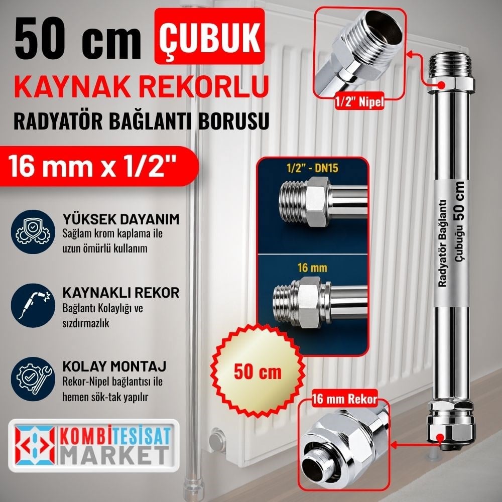 50 cm Kaynaklı Rekorlu Çubuk Radyatör Bağlantı Borusu 1/2x16 mm