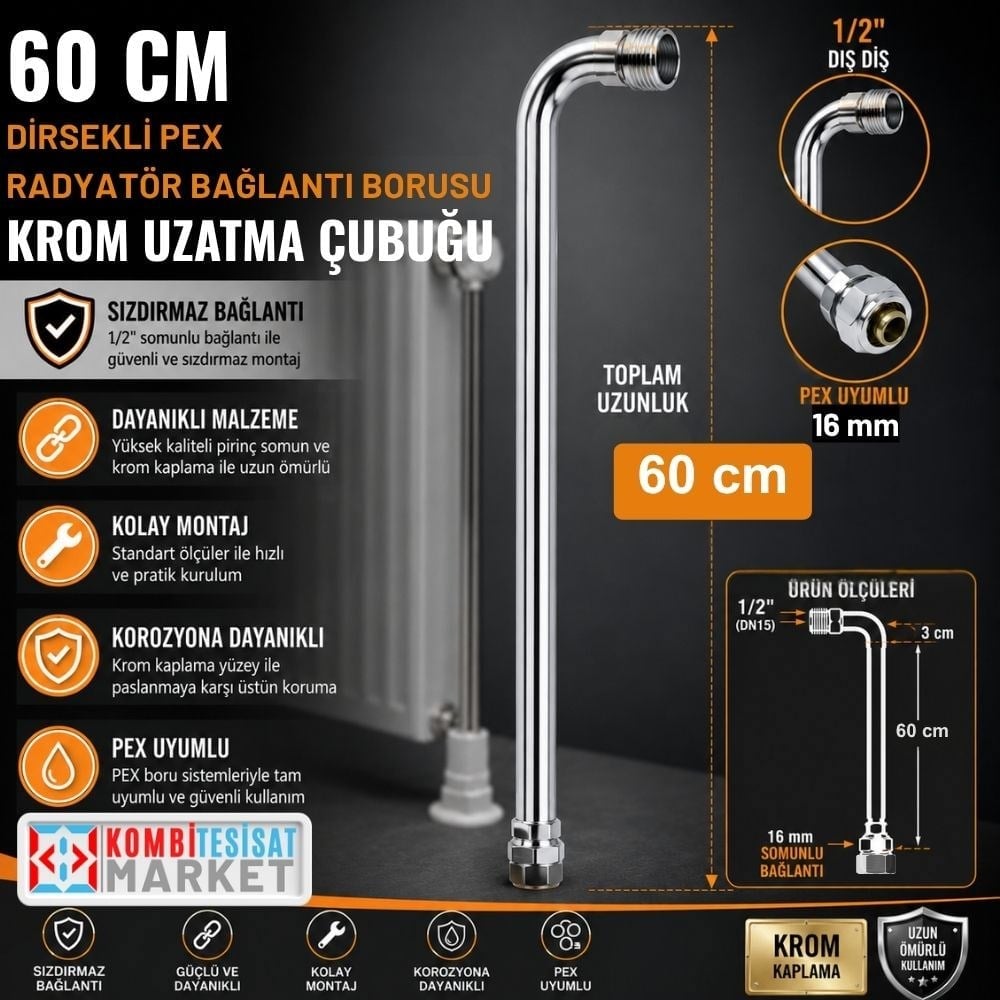 60 cm Dirsekli Pex Radyatör Bağlantı Borusu-Krom Uzatma Çubuğu