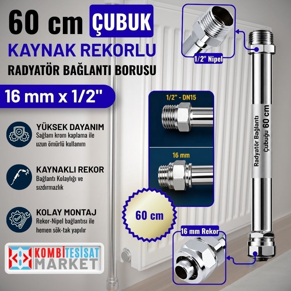 60 cm Kaynaklı Rekorlu Çubuk Radyatör Bağlantı Borusu 1/2x16 mm