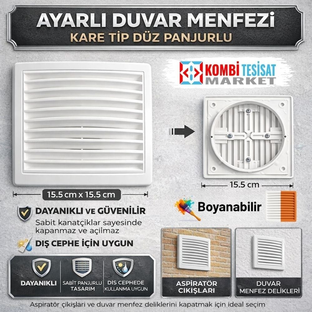Ayarlı Duvar Menfezi Kare Tip Düz Panjurlu