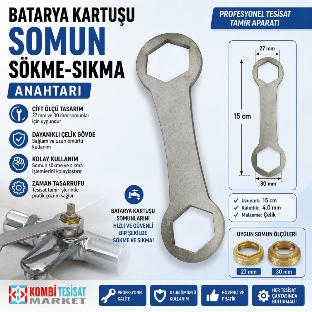 Batarya Kartuşu Somun Sökme Sıkma Anahtarı 27-30 mm Profesyonel Tesisat Tamir Aparatı