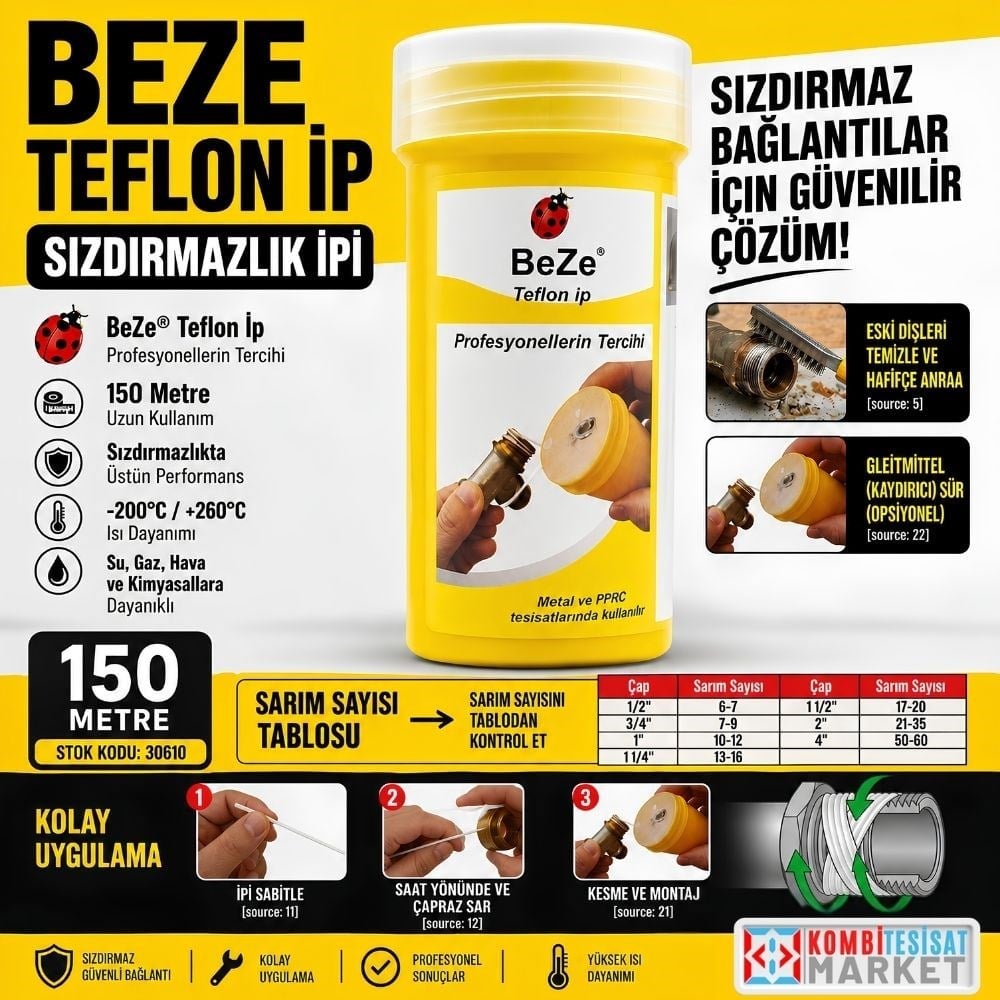 Beze Teflon Ip 150 Metre Sizdirmazlik Ipi Metal ve PPRC Tesisat Uyumlu Disli Baglanti Ipi 30610