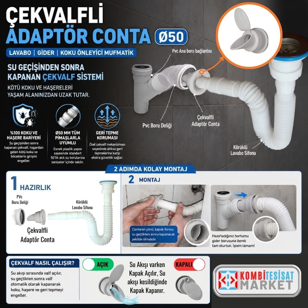 Çekvalfli Adaptör Conta Ø50 - Lavabo I Gider I Koku Önleyici Mufmatik