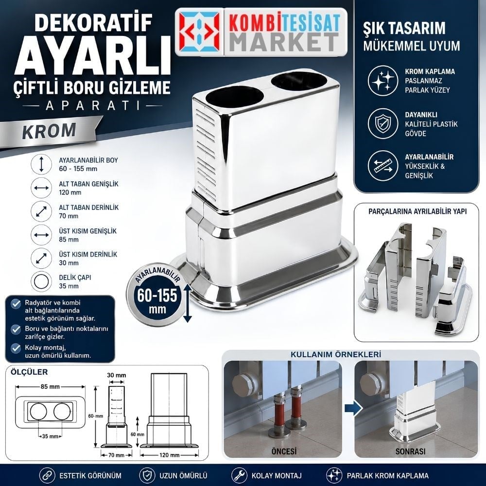 Dekoratif Ayarlı Çiftli Boru Gizleme Aparatı Krom Radyatör H-Ventil Uyumlu