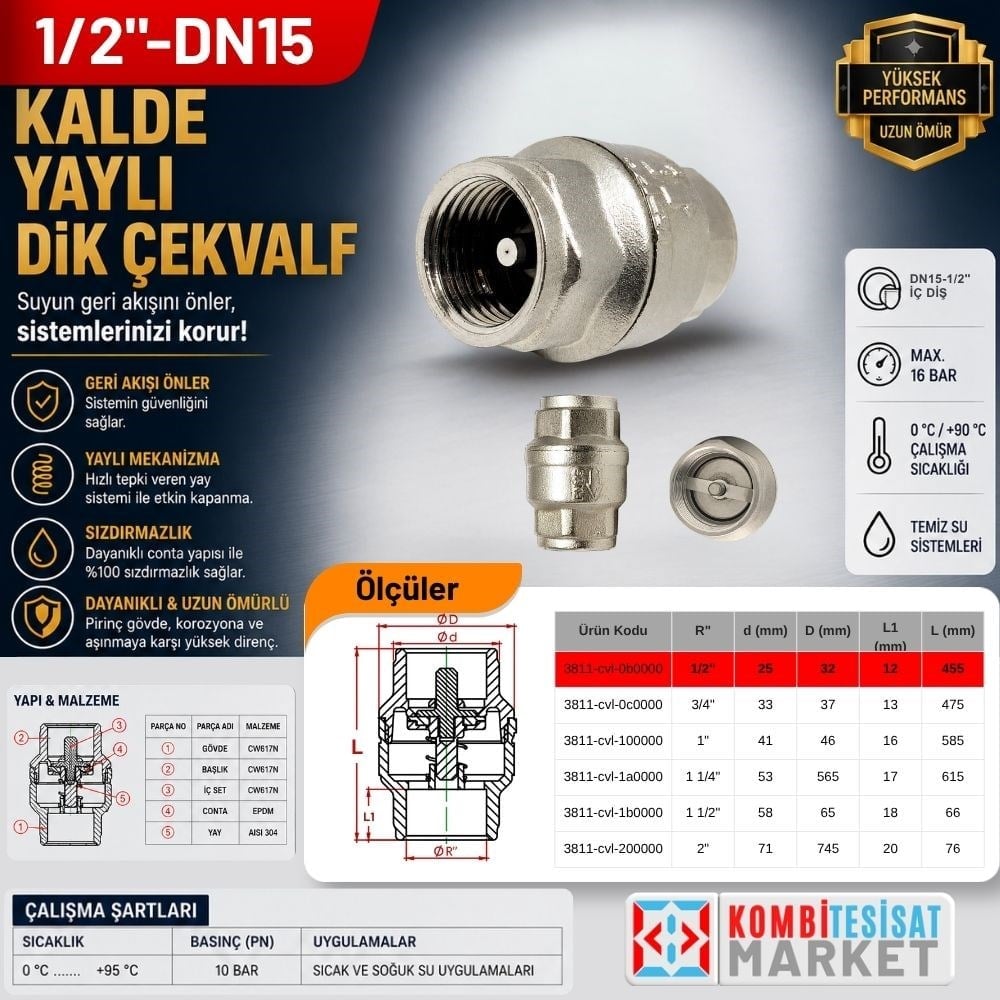 DN15-1/2 Kalde Yaylı Dik Çekvalf