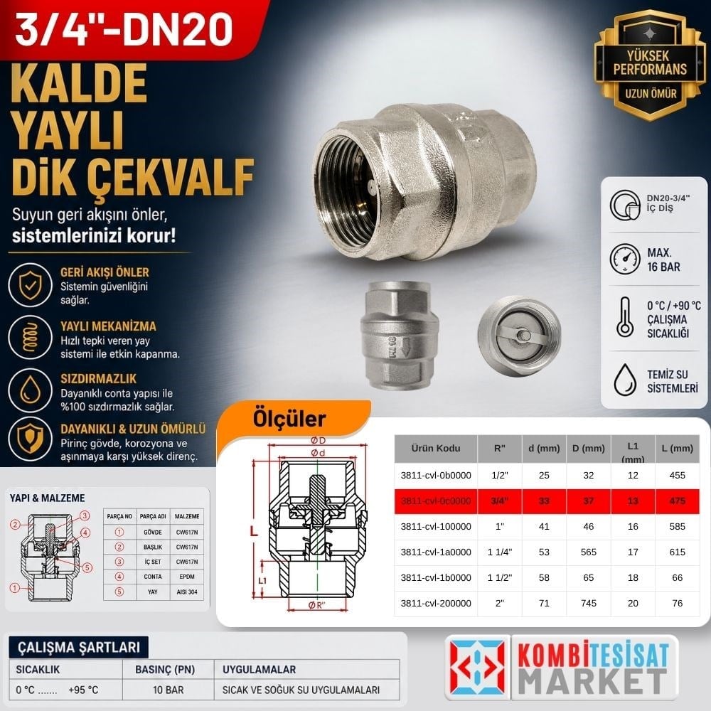 DN20-3/4 Kalde Yaylı Dik Çekvalf