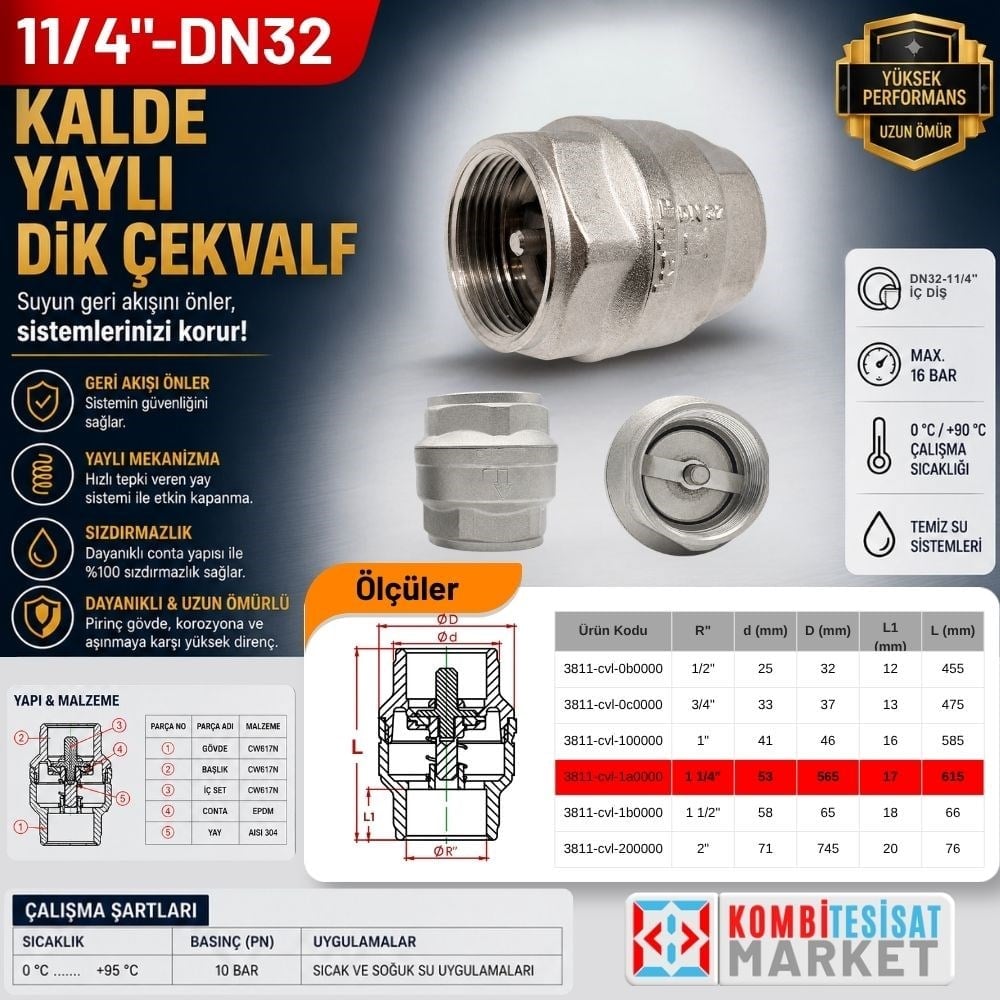 DN32-11/4 Kalde Yaylı Dik Çekvalf
