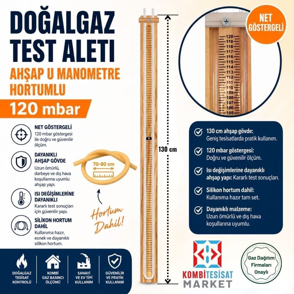 Doğalgaz Test Cihazı Ahşap U Manometre 120 mbar Sızdırmazlık Test Seti 130 cm