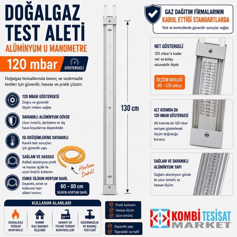 Alüminyum U Manometre 120 mbar Doğalgaz Tesisat Test Cihazı