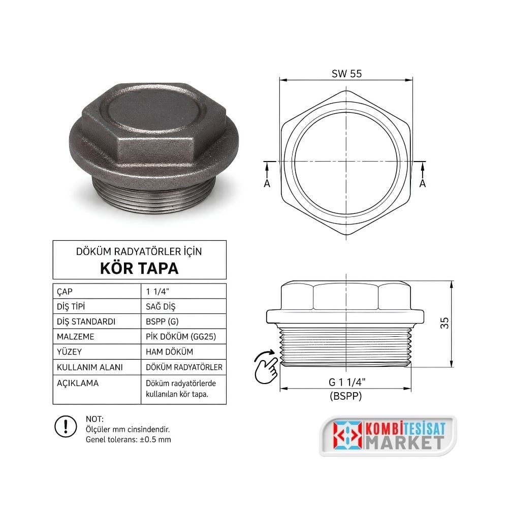 Döküm Radyatör Kör Tapası 11/4 Sağ Diş