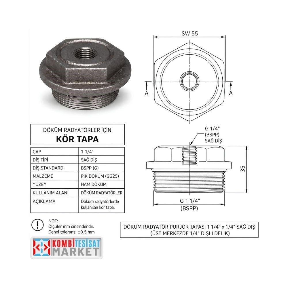 Döküm Radyatör Purjör Tapası 11/4x1/4 Sağ Diş