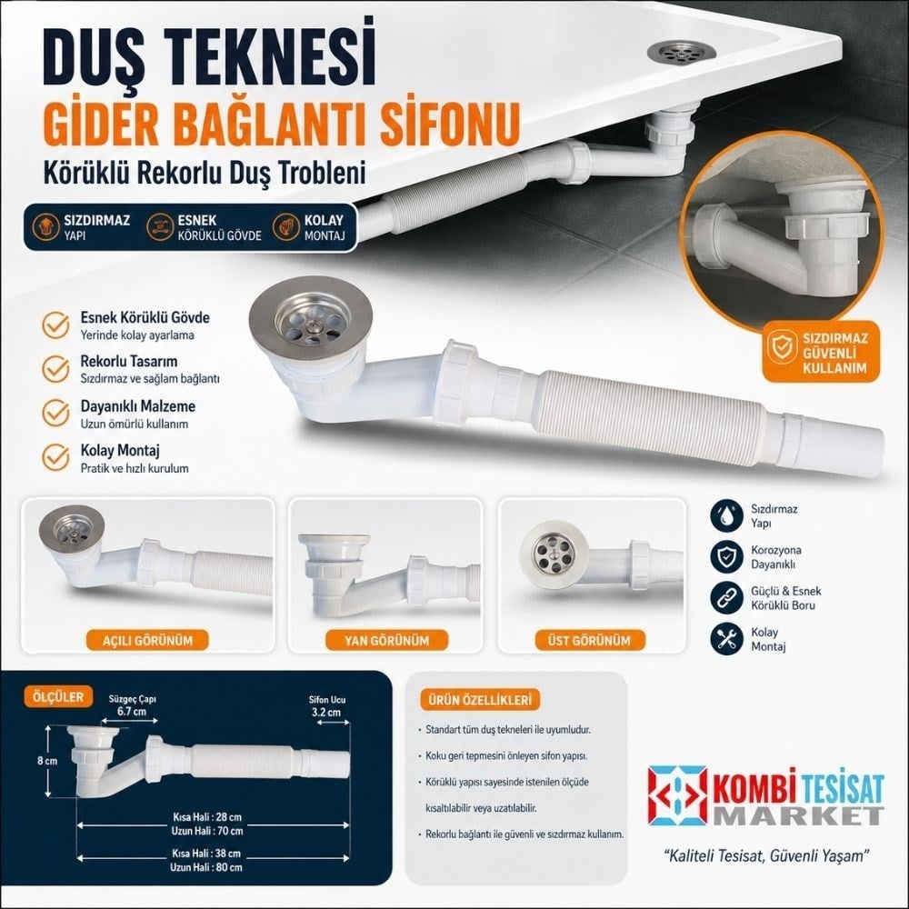 Duş Teknesi Gider Bağlantı Sifonu - Körüklü Rekorlu Duş Trobleni