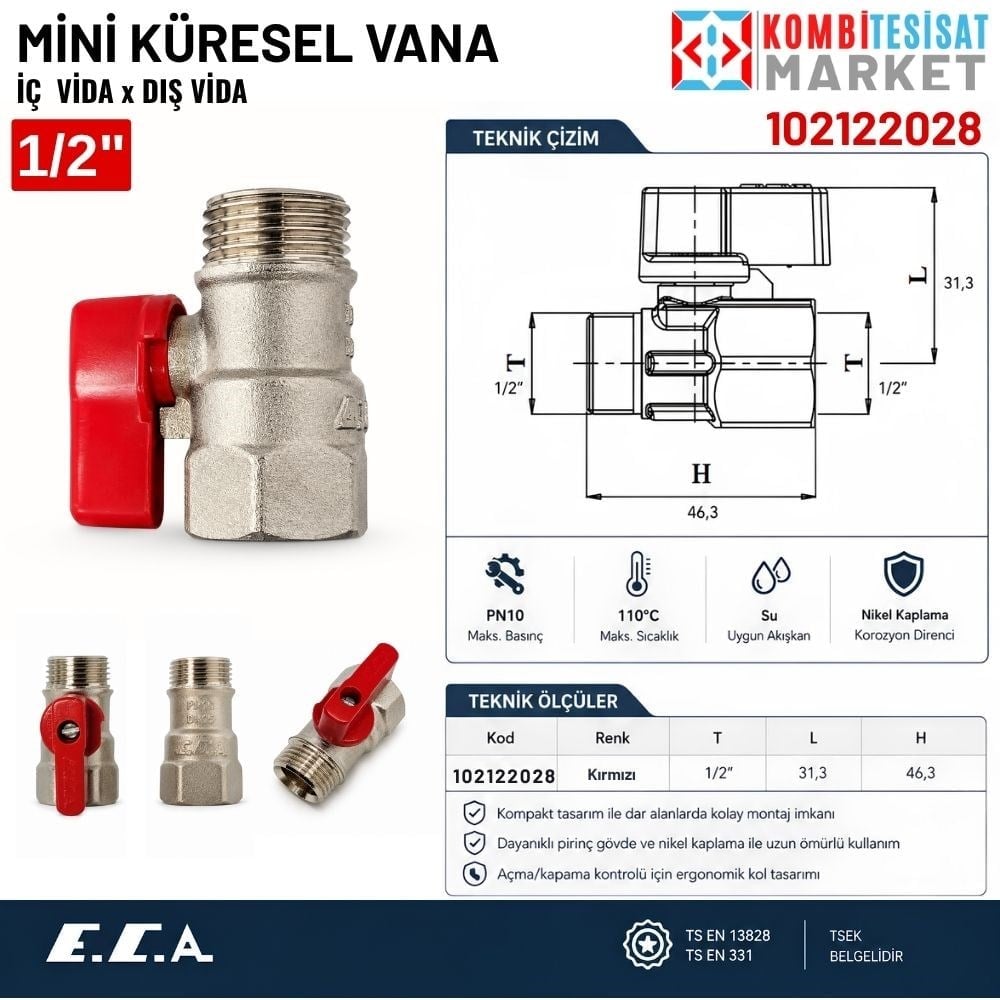 Eca 1/2 Mini Küresel Vana İç Diş x Dış Diş Kırmızı - 102122028