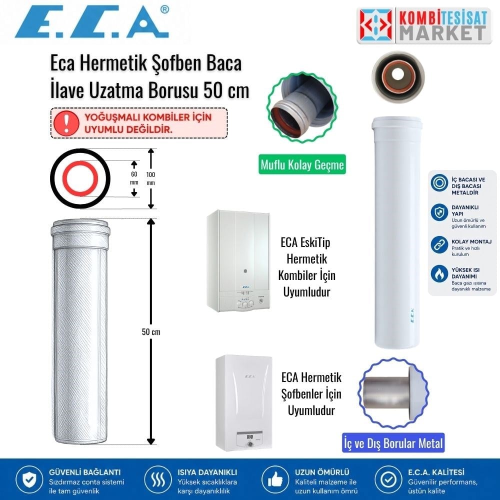 Eca Hermetik Şofben ve Kombi Baca İlave Uzatma Borusu 50 cm (60/100 mm)