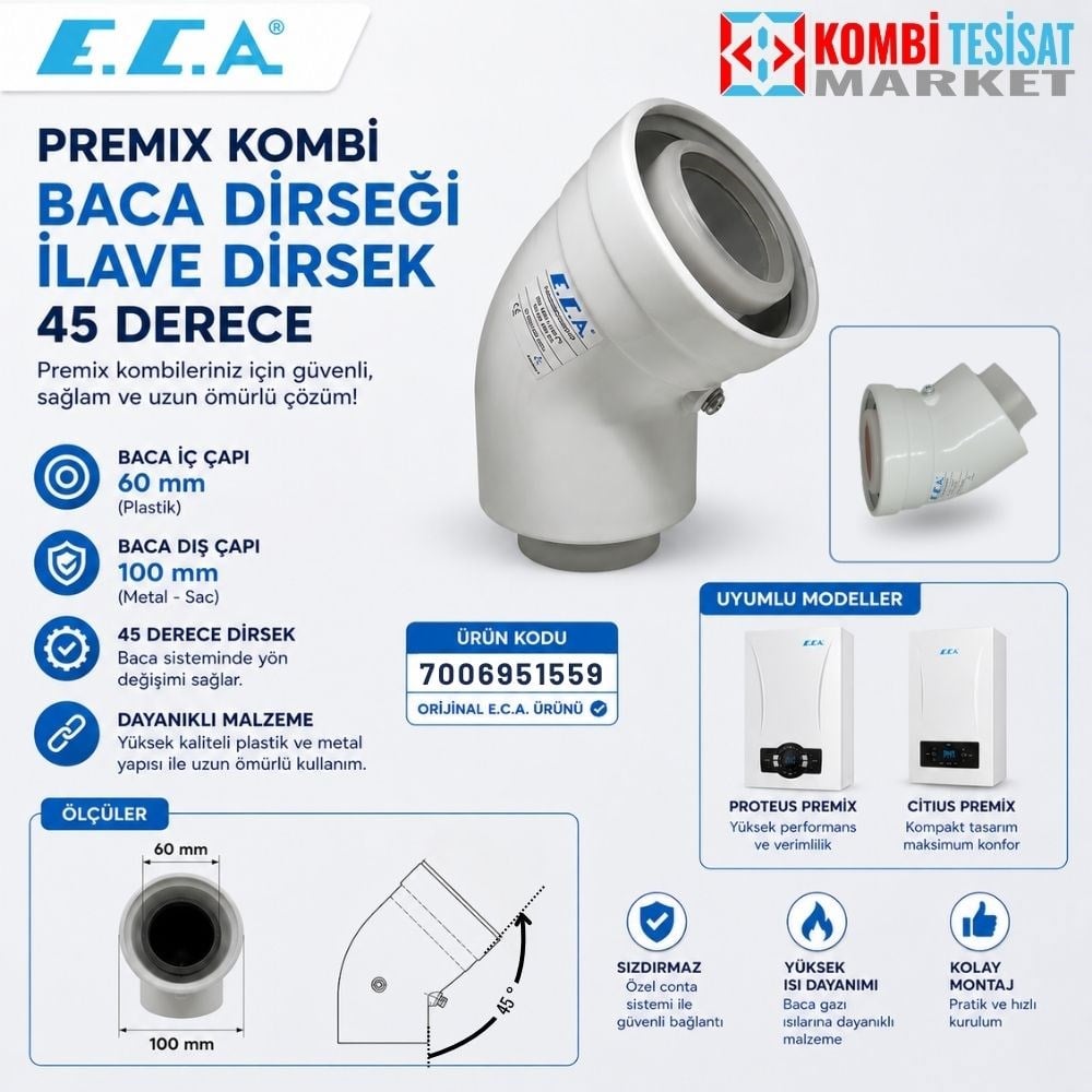 E.C.A. Premix Kombi Baca Dirseği 45 Derece İlave Dirsek 60/100 mm - 7006951560