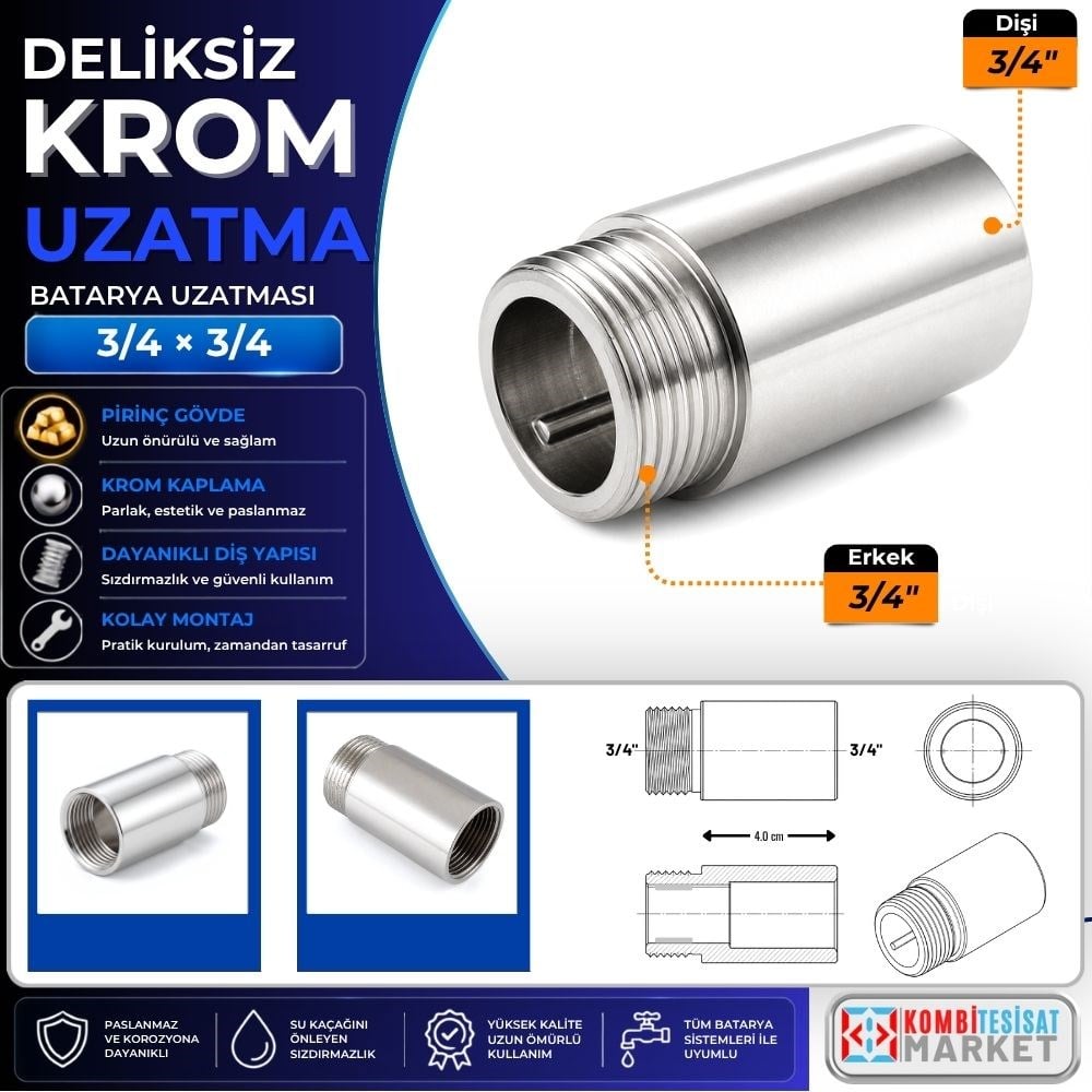 4.0 cm Batarya Uzatma Parçası 3/4 Krom Deliksiz