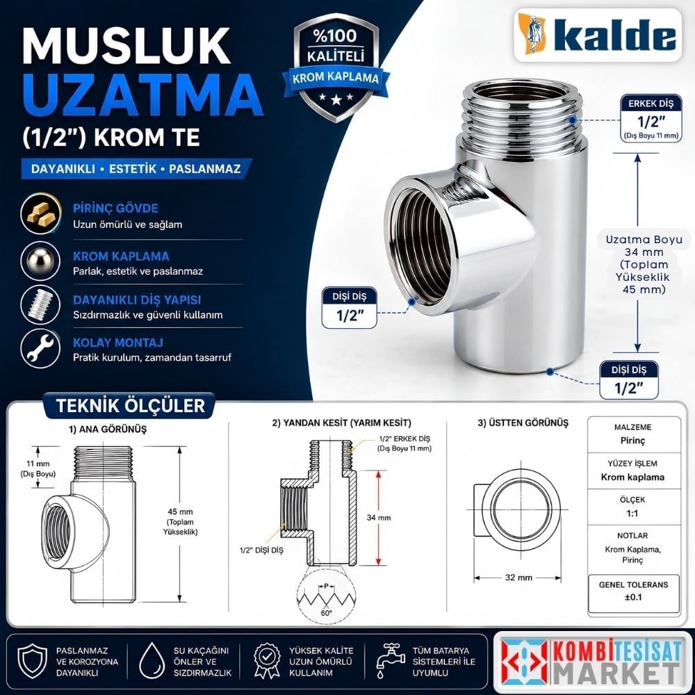 Kalde Delikli Uzatma 1/2'' Krom Te