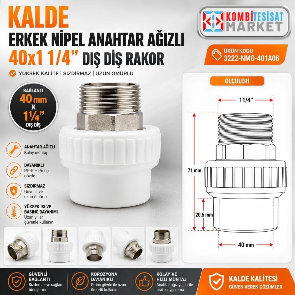Kalde Erkek Nipel Anahtar Ağızlı 40x1 1/4” Dış Diş Rakor