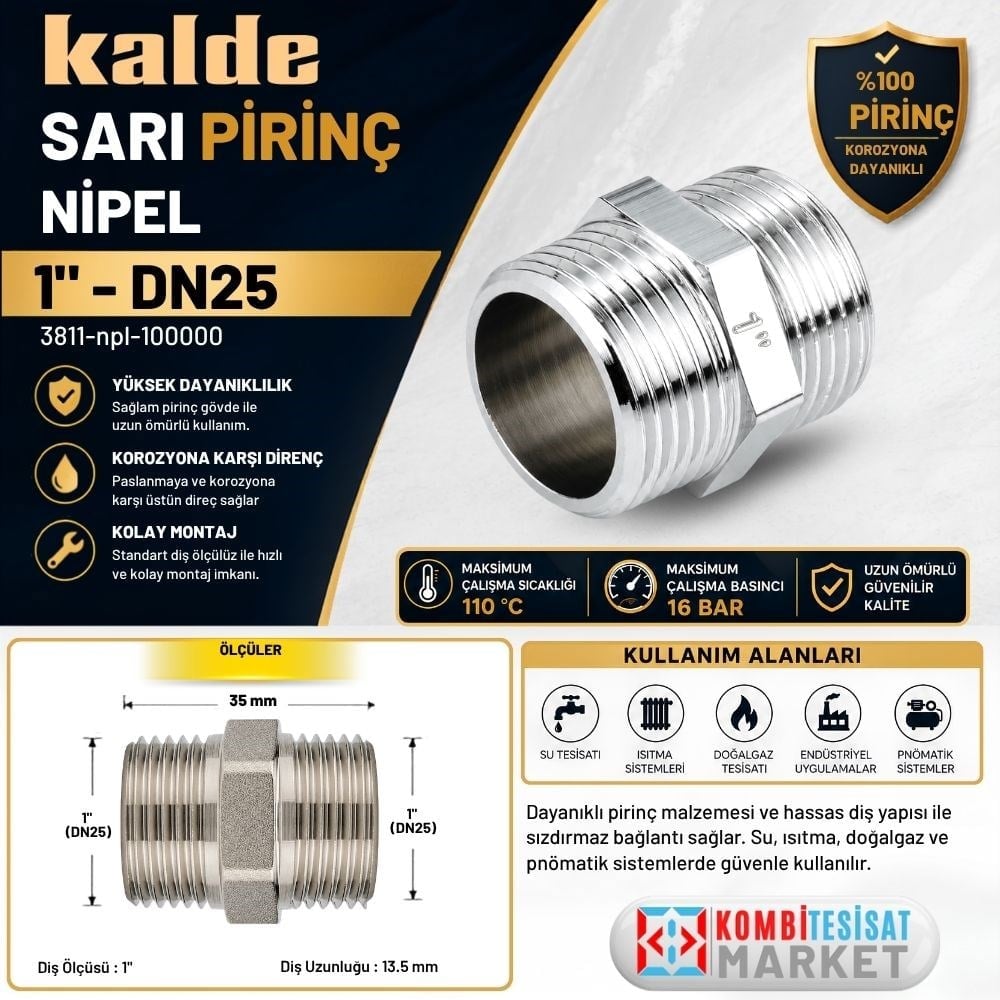 Kalde Sarı Pirinç Nipel - 1" - DN25