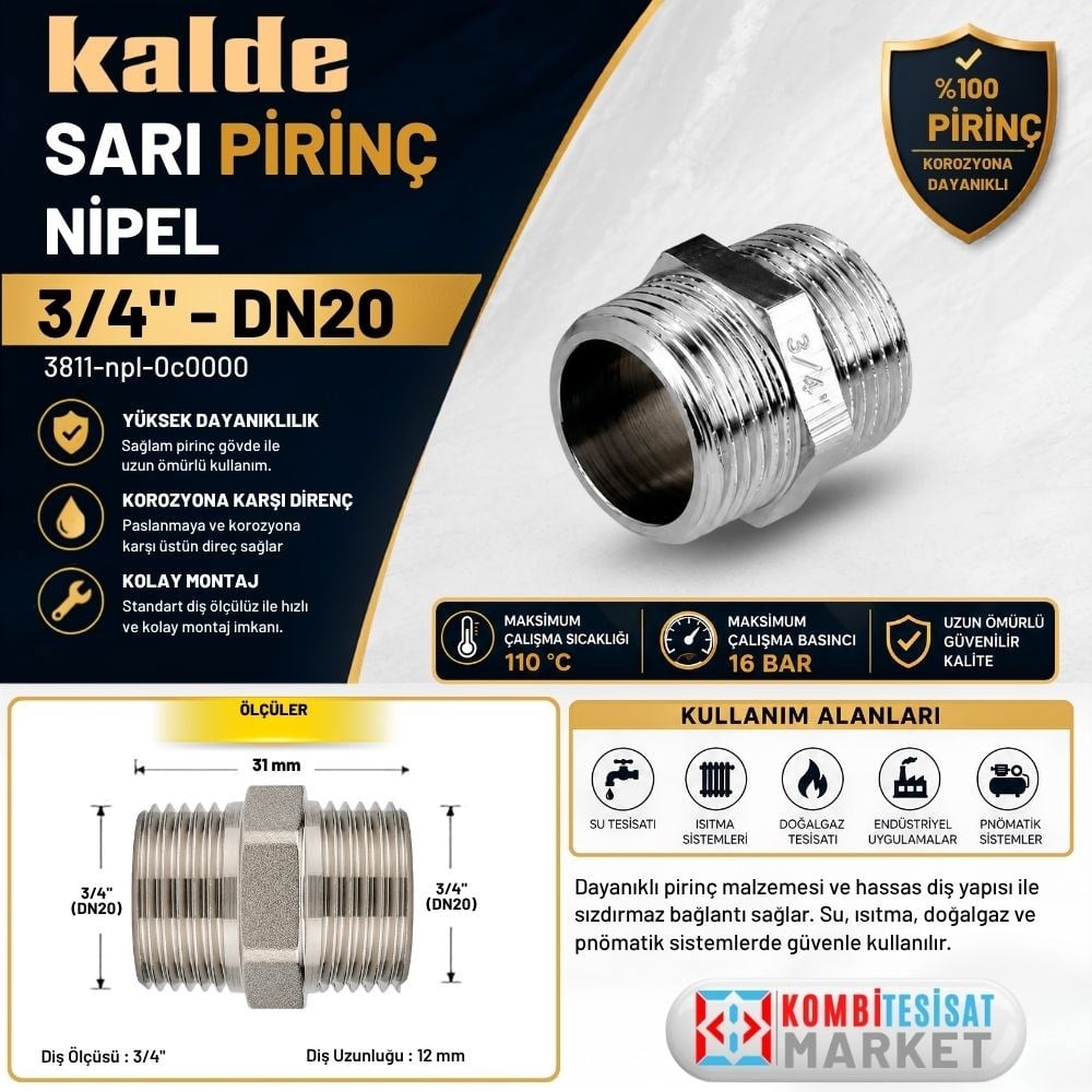 Kalde Sarı Pirinç Nipel - 3/4 - DN20