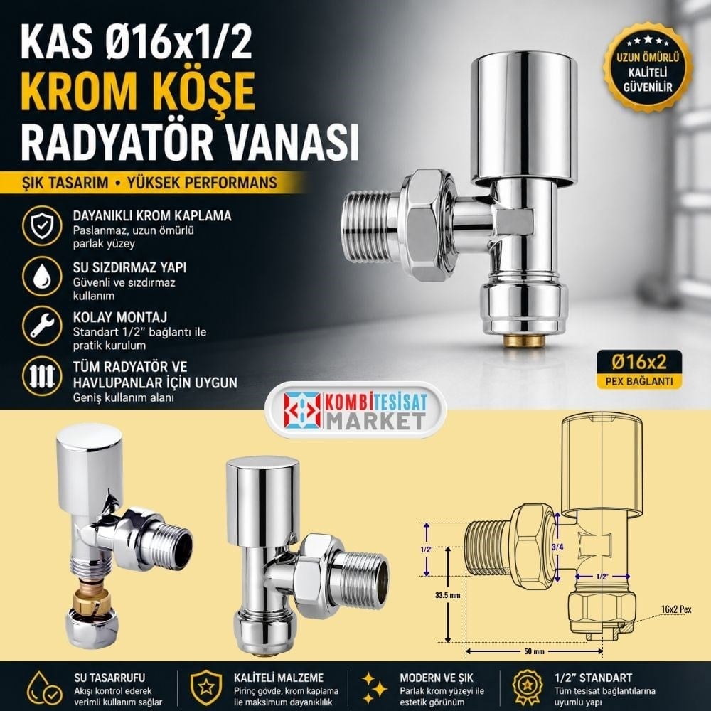 Kas Ø16x1/2 Pex Krom Köşe Radyatör Vanası - Krom Havlupan Vanası