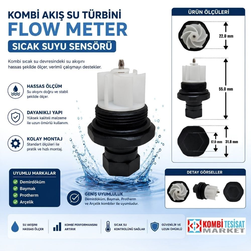 Kombi Akış Su Türbini Flow Meter - Demirdöküm Baymak Protherm Arçelik Uyumlu Sıcak Suyu Sensörü