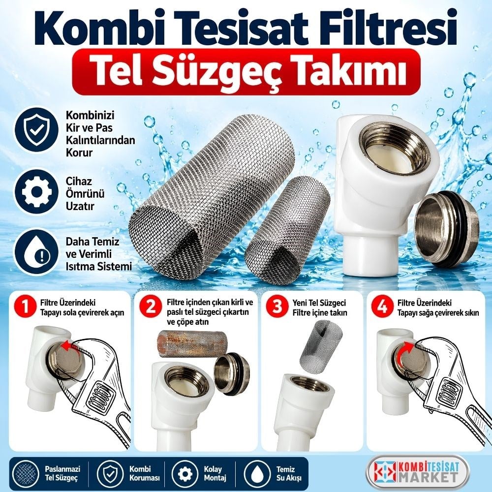 Kombi Tesisat Filtresi Tel Süzgeç Takımı