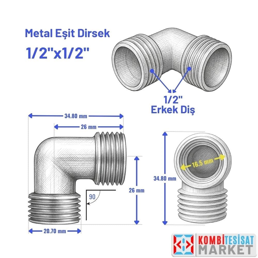 Metal Eşit Erkek Dirsek 1/2 x 1/2 İnç Tesisat Bağlantı Rekoru