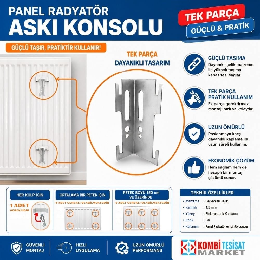 Panel Radyatör Askı Konsolu Tek Parça