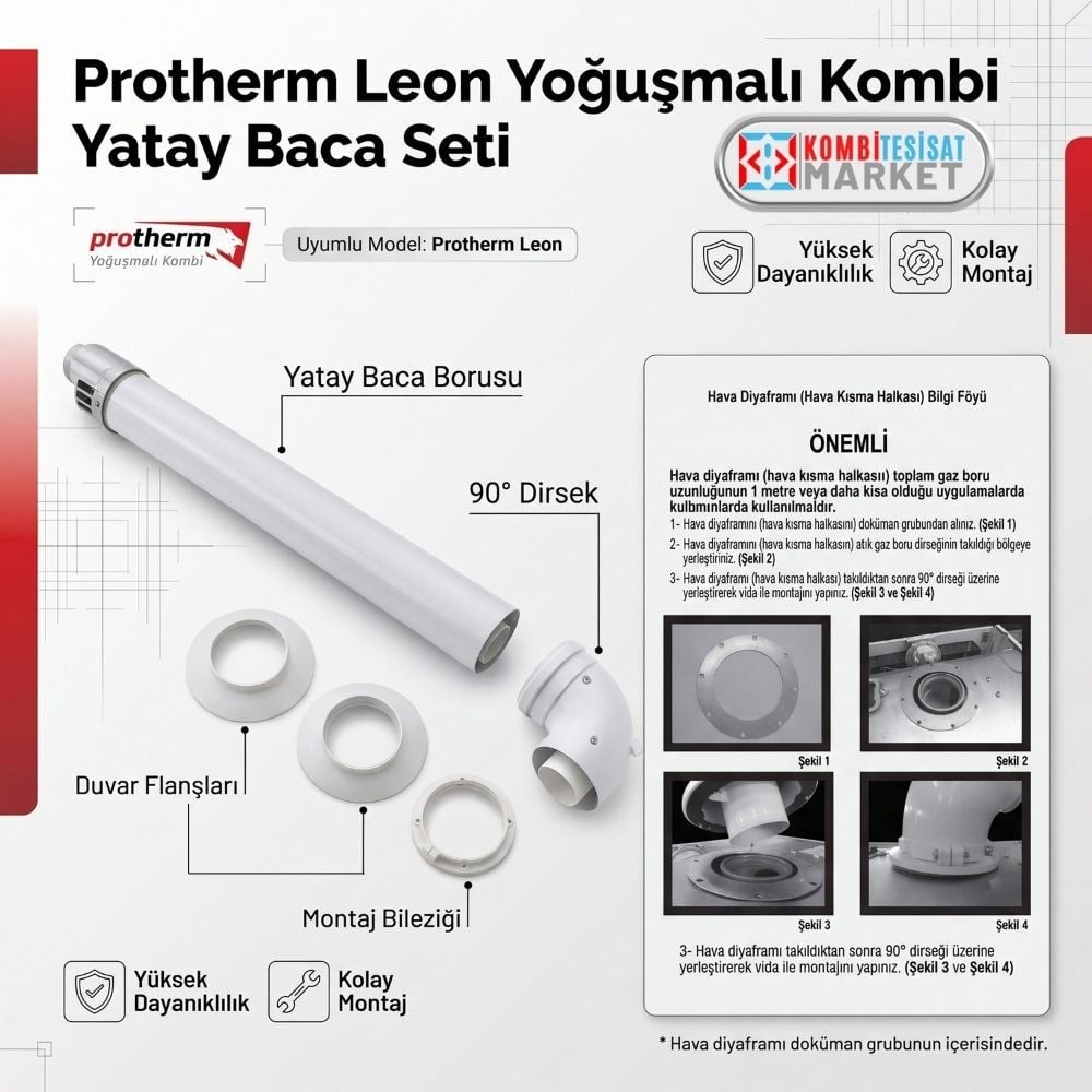 Protherm Leon Yoğuşmalı Kombi Yatay Baca Seti (Orijinal Yoğuşma Baca Borusu ve Dirsek Takımı)