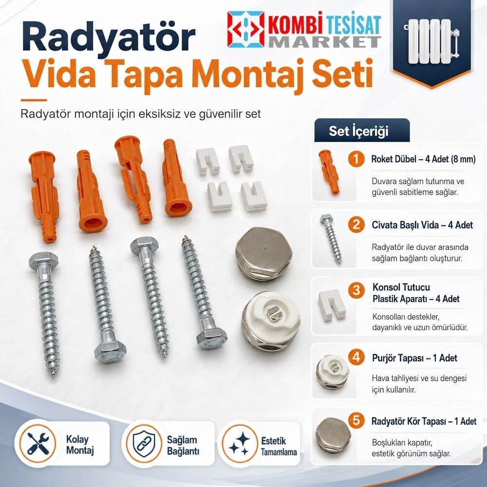 Radyatör Vida Tapa Montaj Seti içeriği