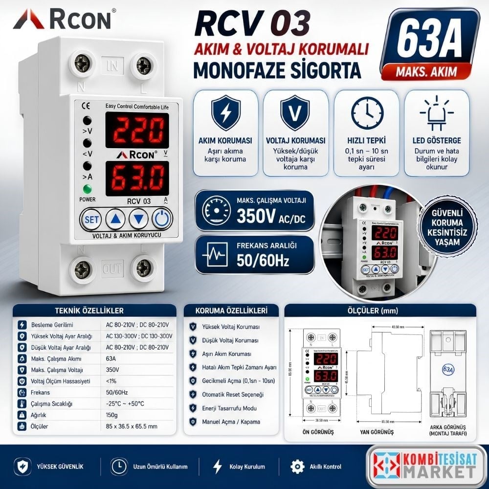 Rcon RCV03 Voltaj ve Akım Koruyucu Sigorta Ölçüleri