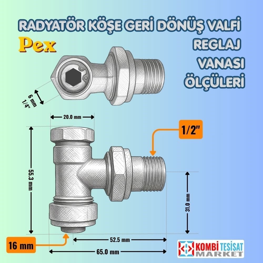Reglaj Vanası-Köşe Geri Dönüş Vanası 1/2x16 mm Pex