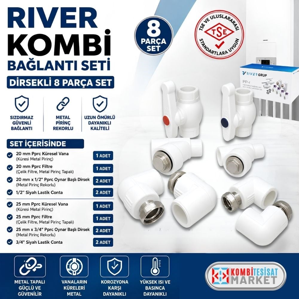 River 8 Parça Dirsekli PPRC Kombi Alt Bağlantı Seti Metal Küreli Vana