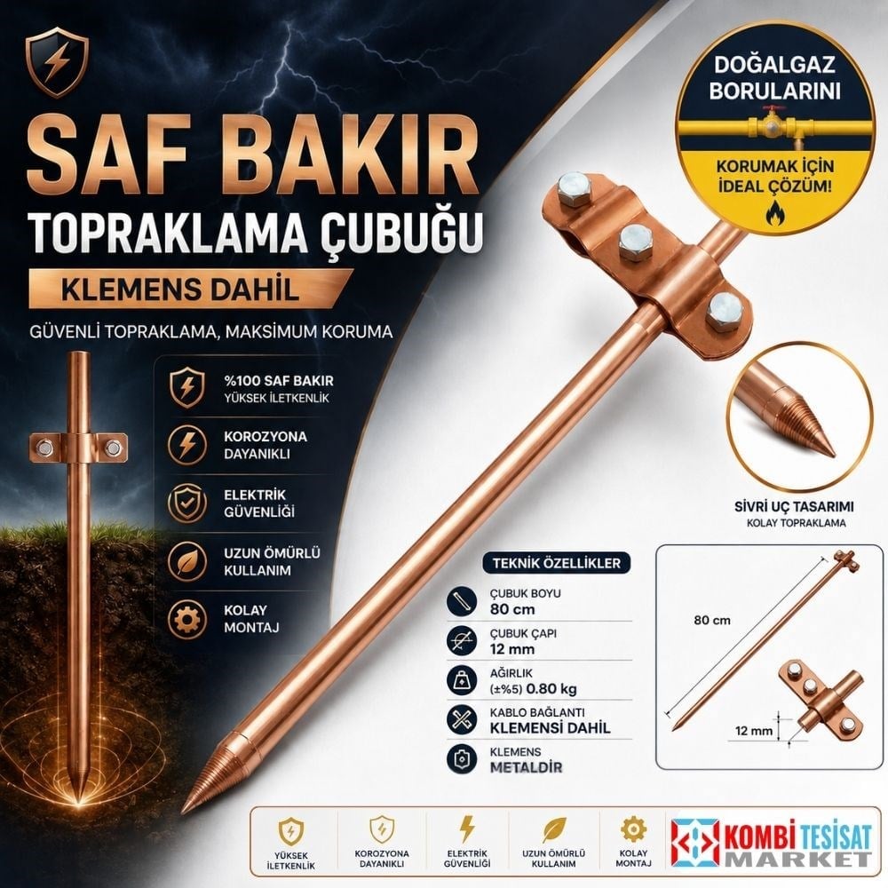 Saf Bakır Topraklama Çubuğu-80 cm 12 mm-Klemens Dahil