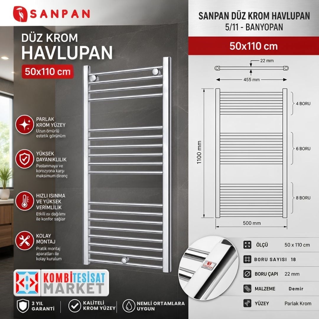 Sanpan Havlupan Düz Krom 5/11 Banyopan 50x110 cm