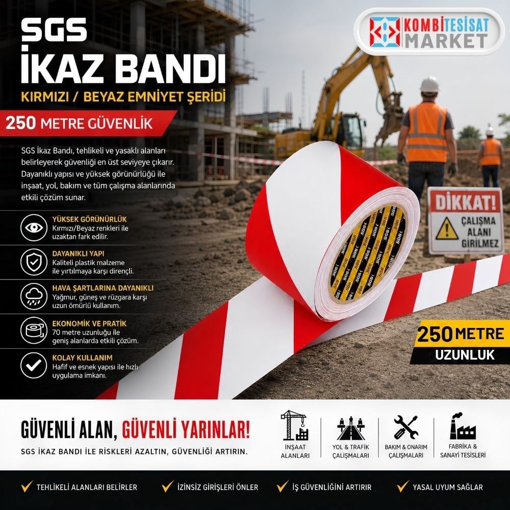 SGS İkaz Bandı 250 Metre Kırmızı Beyaz Emniyet Şeridi 58 mm SGS2550
